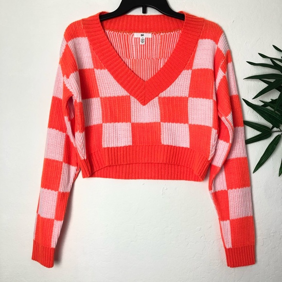 BP. Check V-neck Crop Sweater In Orange Neon Checker - Picture 2 of 7